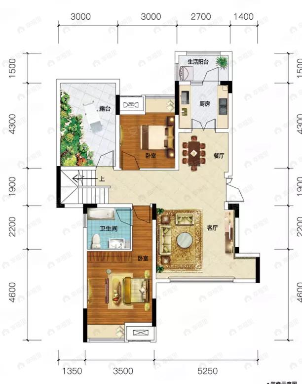 鹏润鹿山台1室2厅2卫户型图