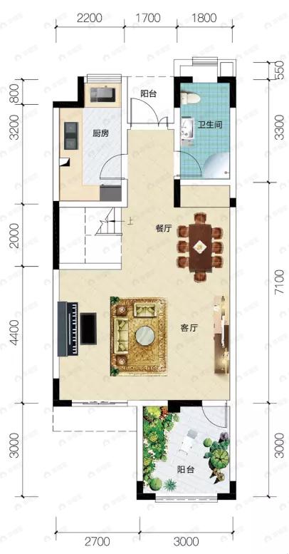 1室2厅2卫建面92平户型图