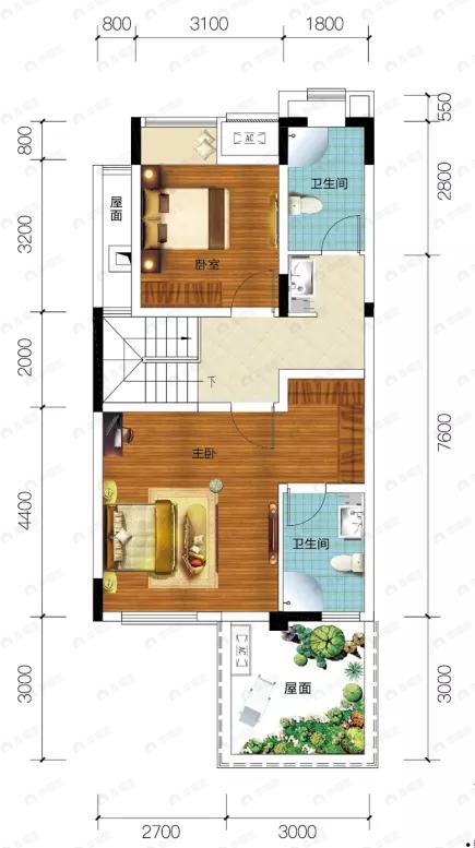 鹏润鹿山台1室2厅2卫户型图
