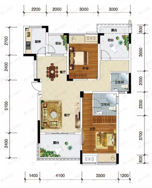 2室2厅2卫建面83平户型图