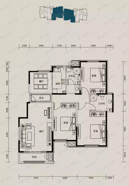 3室2厅2卫建面134平户型图