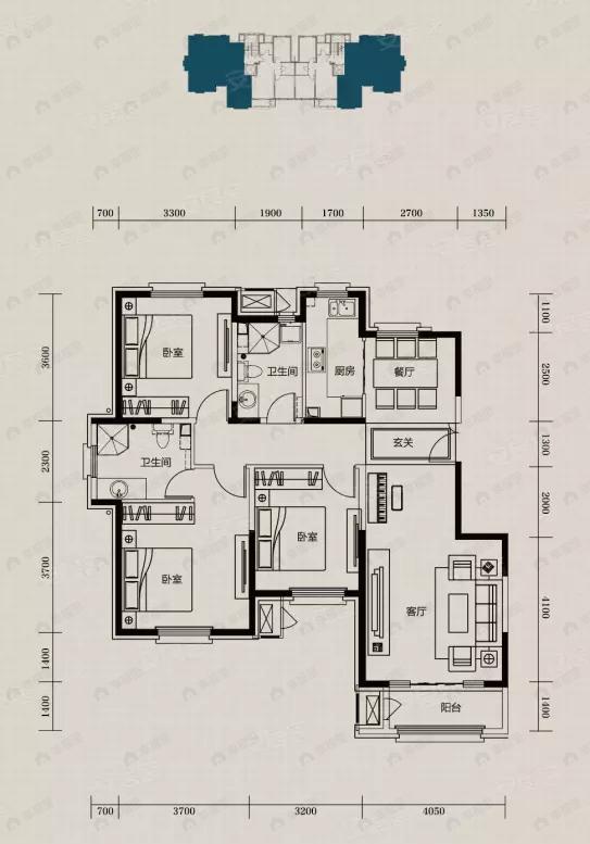 3室2厅2卫建面120平户型图