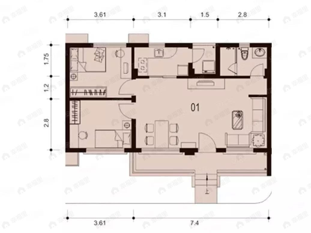 2室2厅1卫建面68平户型图