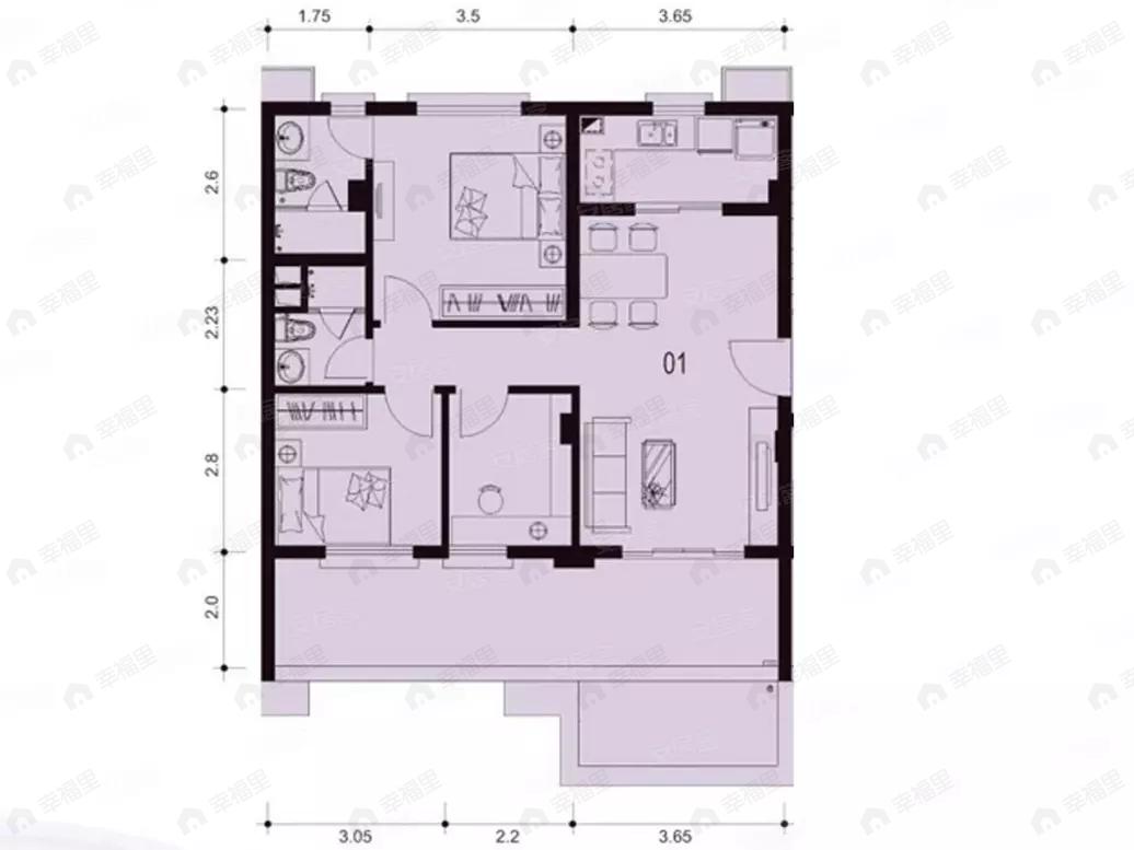 2室2厅2卫建面79平户型图
