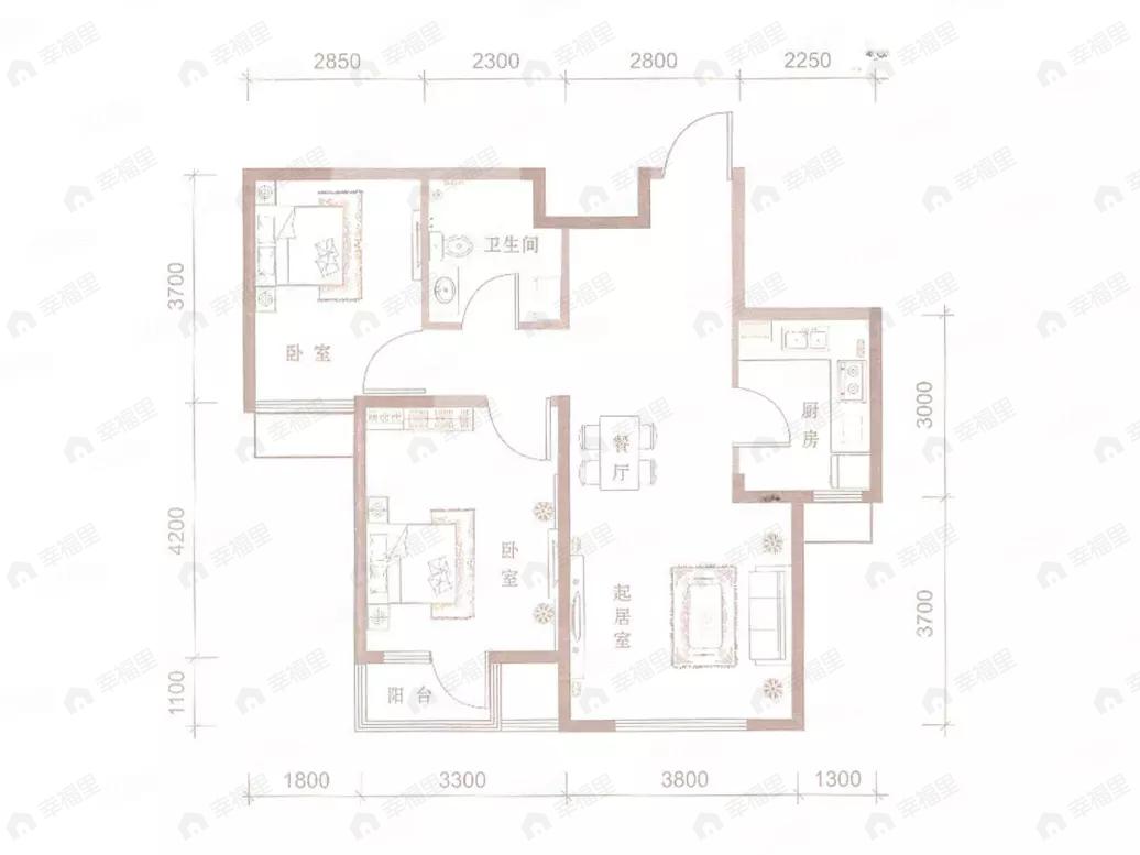 2室2厅1卫建面90平户型图