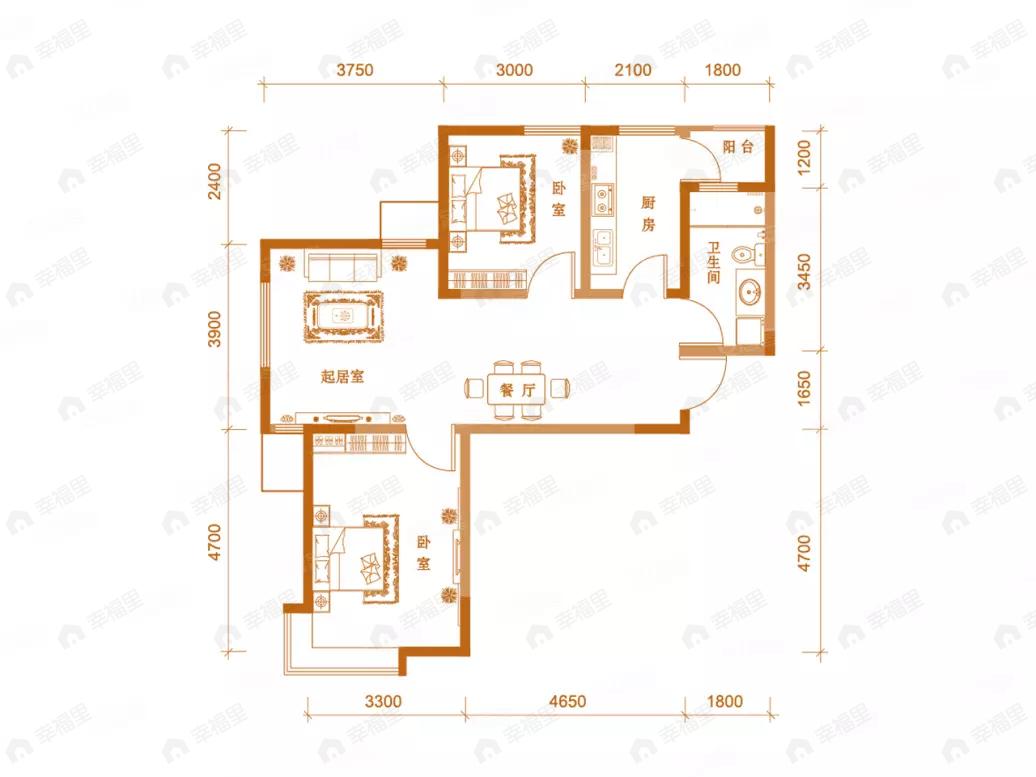 2室2厅1卫建面91平户型图