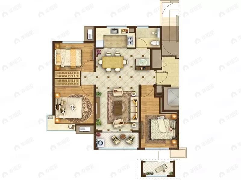 3室2厅1卫建面105平户型图
