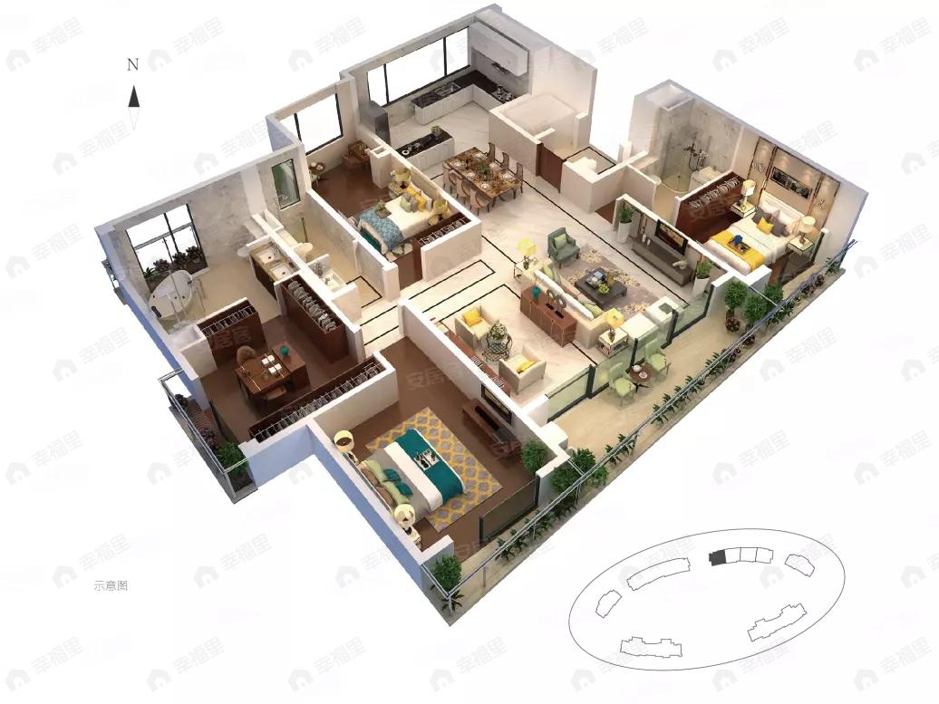 3室2厅3卫建面209平南户型图