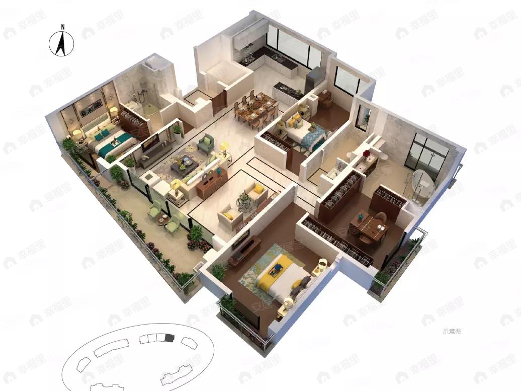 3室2厅3卫建面210平南户型图