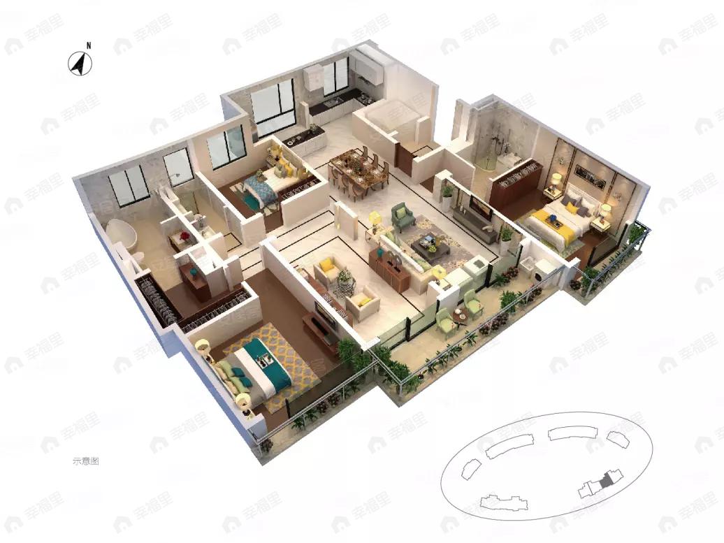 3室2厅3卫建面185平南户型图