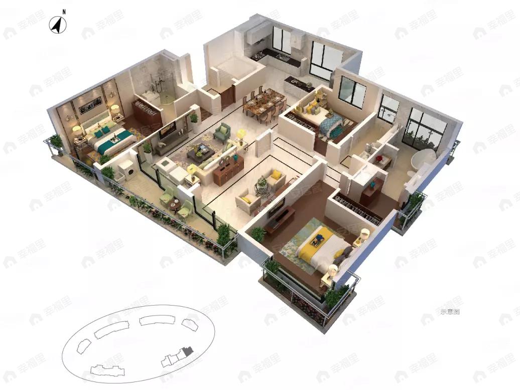3室2厅3卫建面183平南户型图