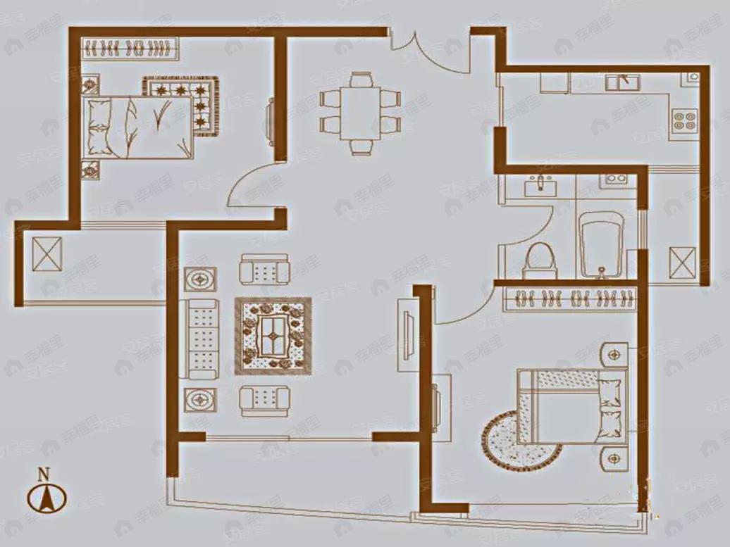 2室2厅1卫建面90平南户型图