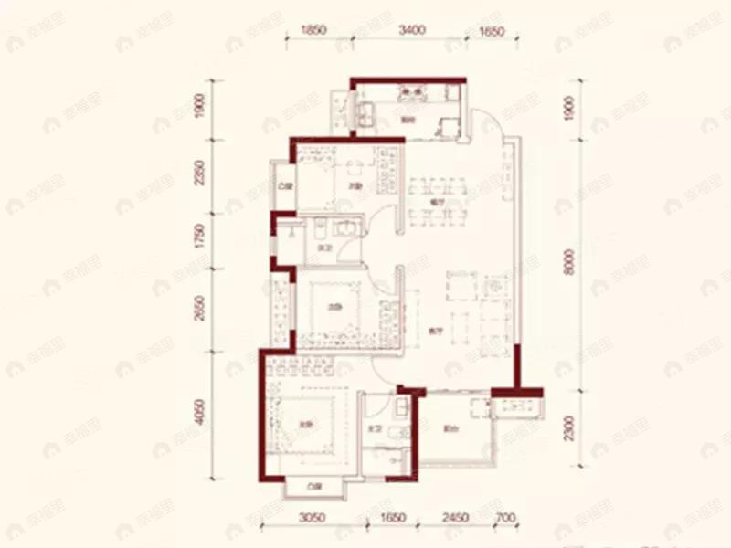 3室2厅2卫建面96平户型图