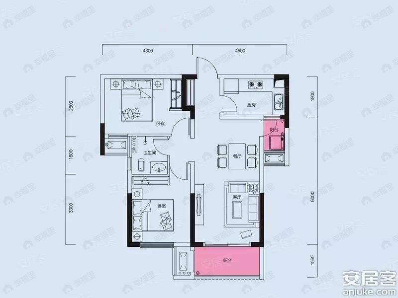 2室2厅1卫建面76平户型图