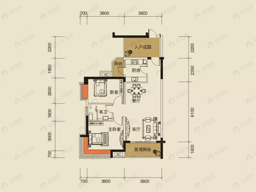 2室2厅1卫建面84平户型图