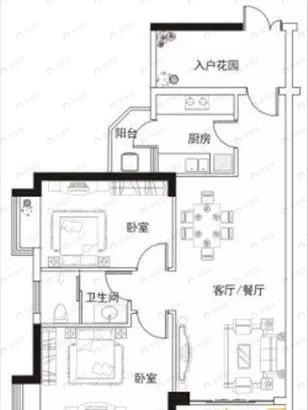 2室2厅1卫建面78平户型图
