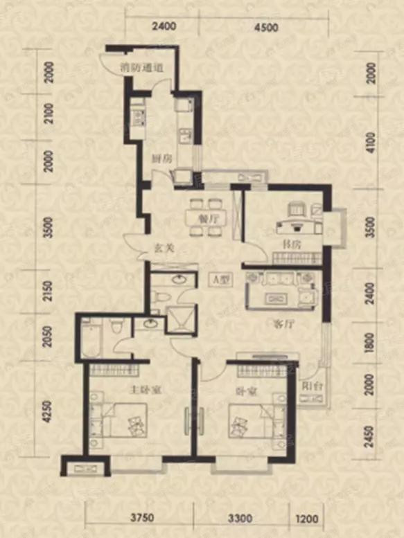 3室2厅2卫建面124平户型图