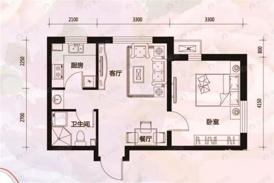1室1厅1卫建面53平户型图