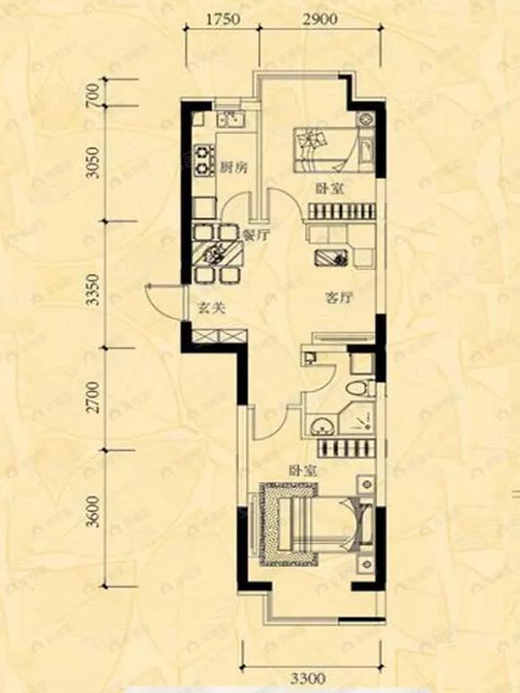 2室1厅1卫建面66平户型图