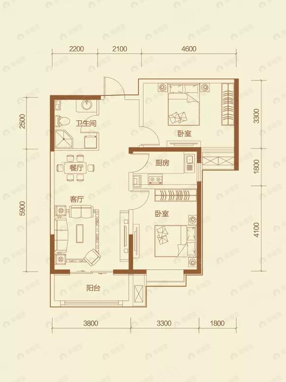 2室2厅1卫建面95平户型图