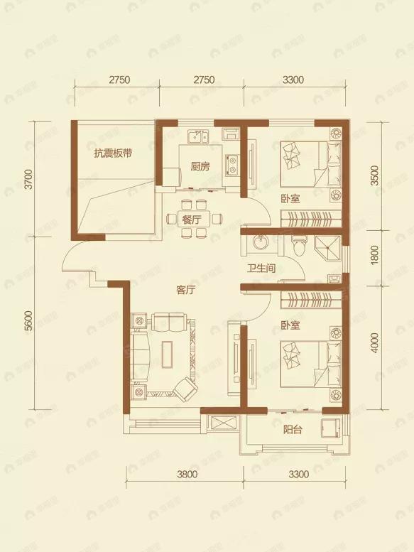 2室2厅1卫建面91平户型图