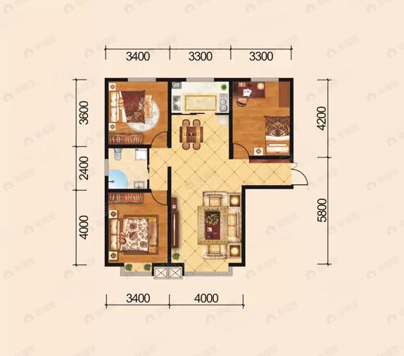 3室2厅1卫建面107平户型图