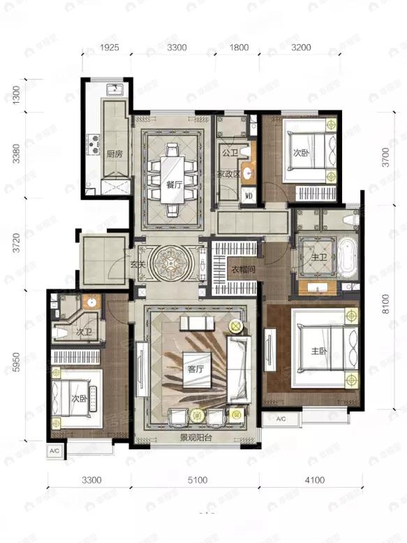 3室2厅3卫建面165平户型图