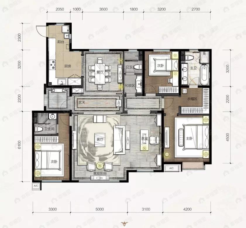 3室2厅3卫建面185平户型图