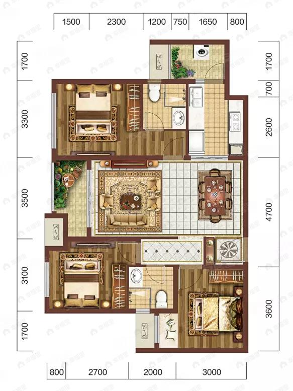 3室2厅2卫建面102平户型图