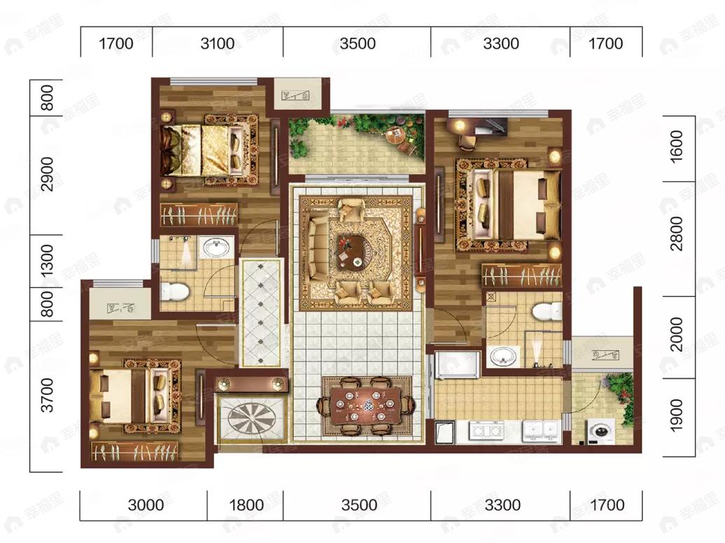 3室2厅2卫建面107平户型图