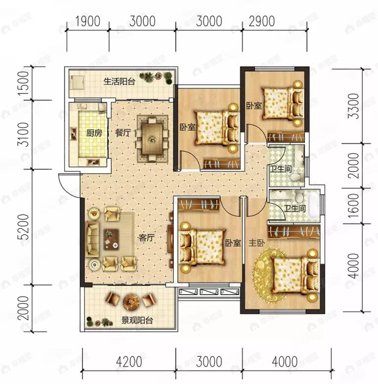 4室2厅2卫建面124平户型图
