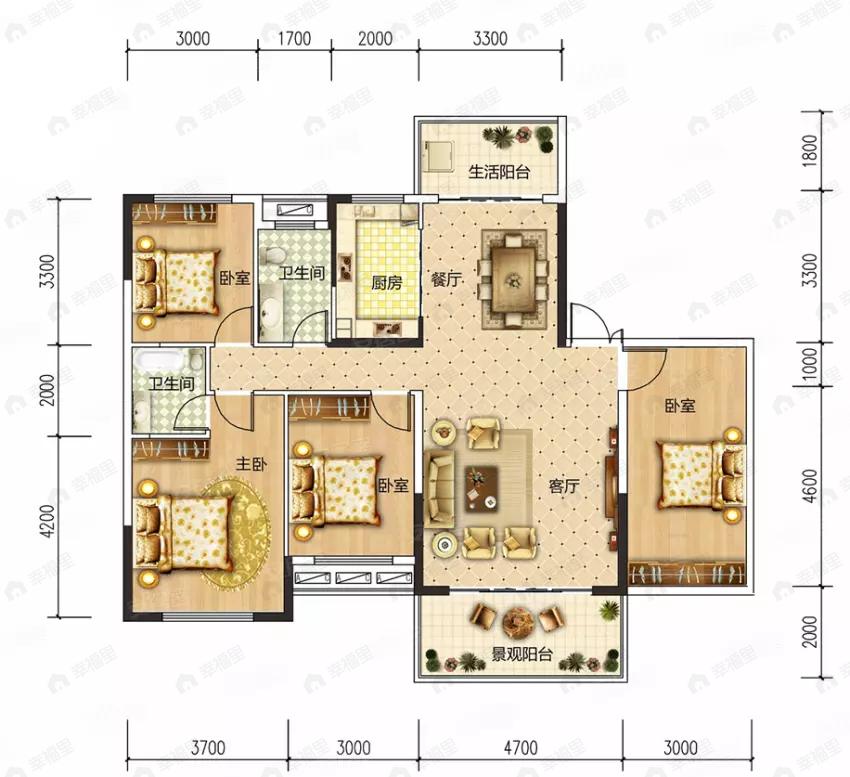 4室2厅2卫建面129平户型图