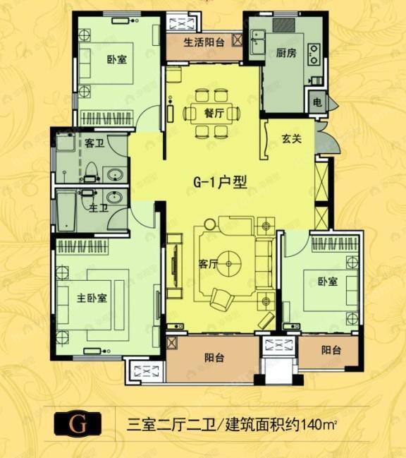 3室2厅2卫建面120平户型图