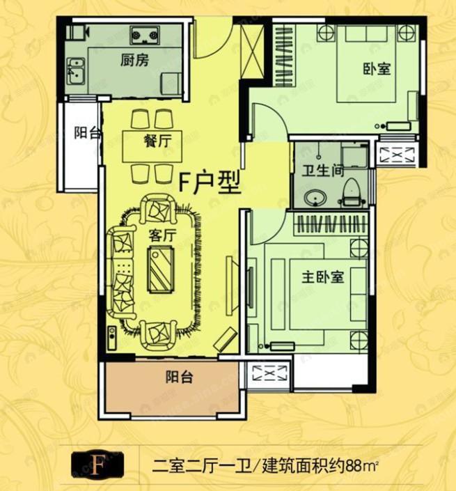 2室2厅1卫建面88平户型图