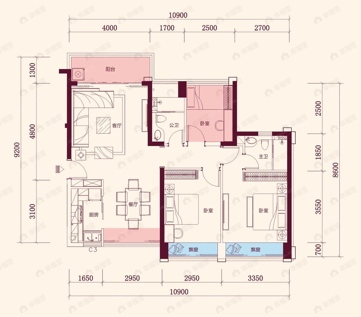2室2厅2卫建面98平户型图