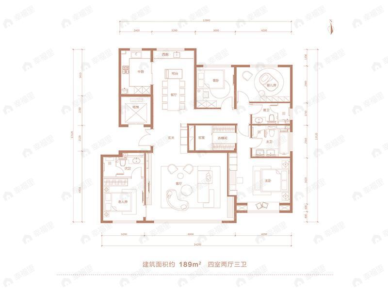 4室2厅3卫建面188平户型图
