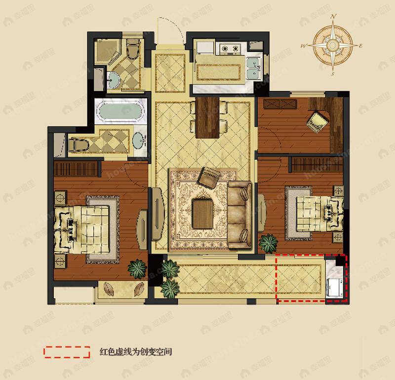 3室2厅2卫建面89平户型图