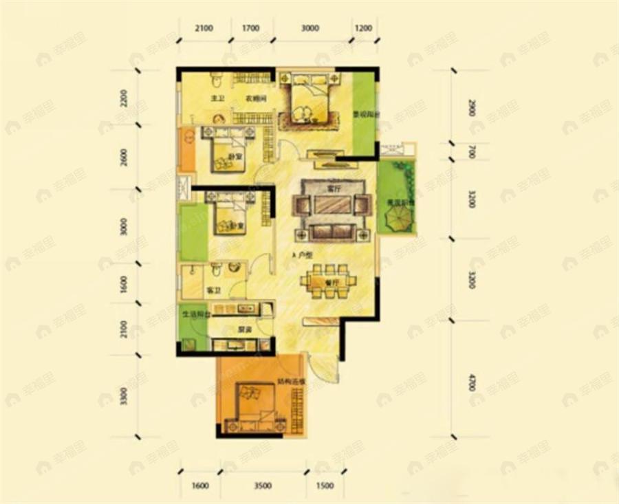 3室2厅2卫建面110平户型图