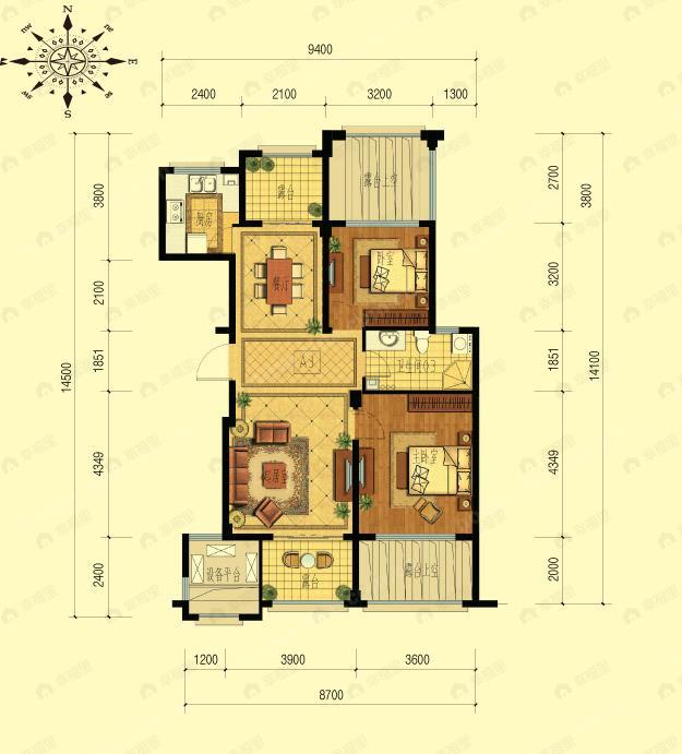 2室2厅1卫建面86平户型图