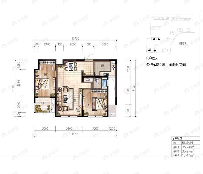 2室2厅1卫建面98平户型图