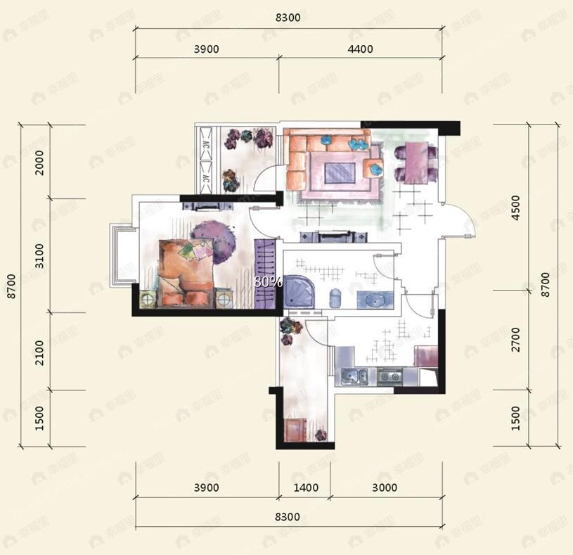 1室2厅1卫建面53平户型图
