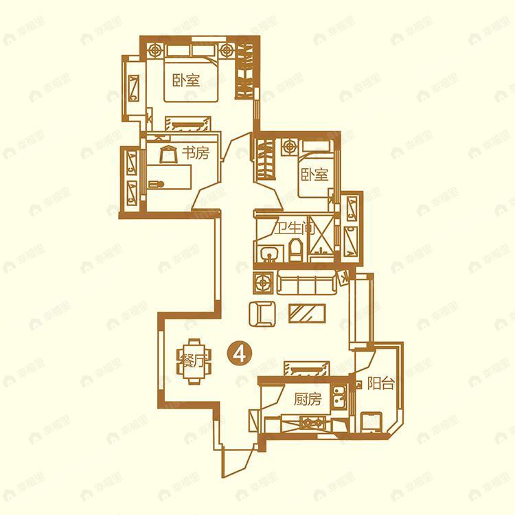 3室2厅1卫建面90平户型图