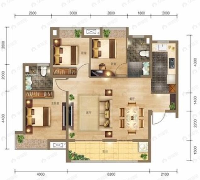 泓博朗诗悦府3室2厅2卫户型图