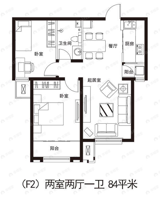 2室2厅1卫建面84平户型图