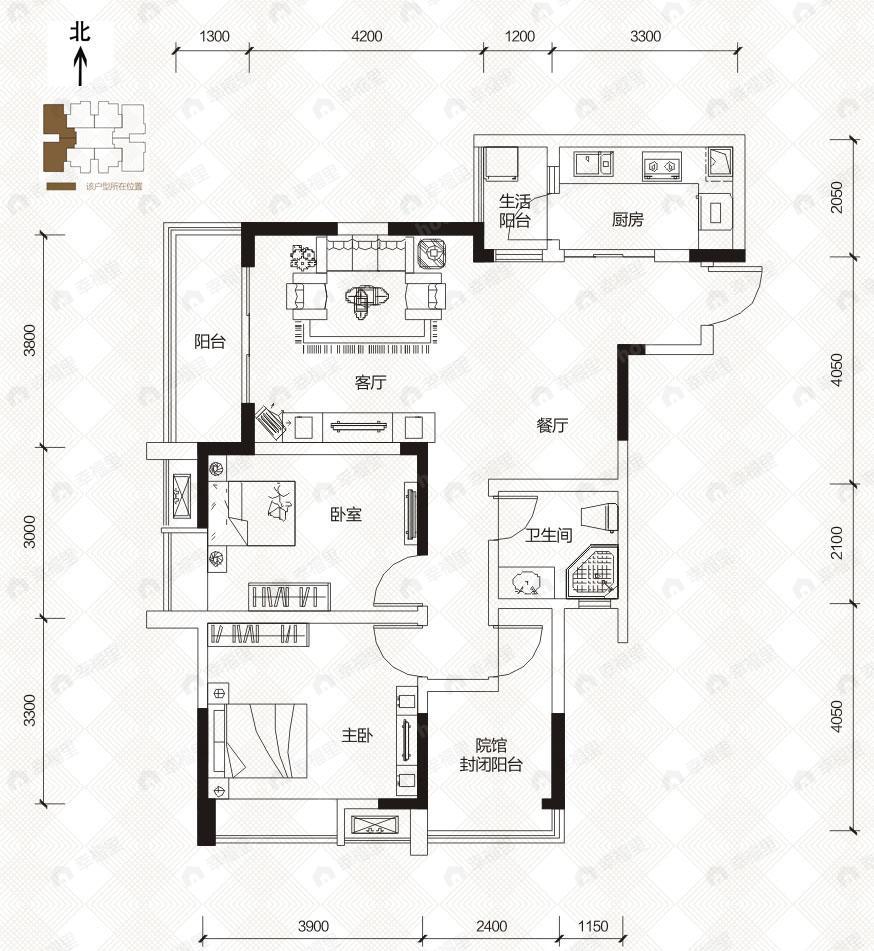 2室2厅1卫建面100平户型图