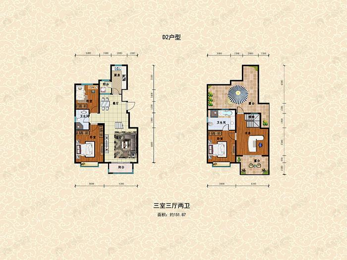 3室3厅2卫建面151平户型图