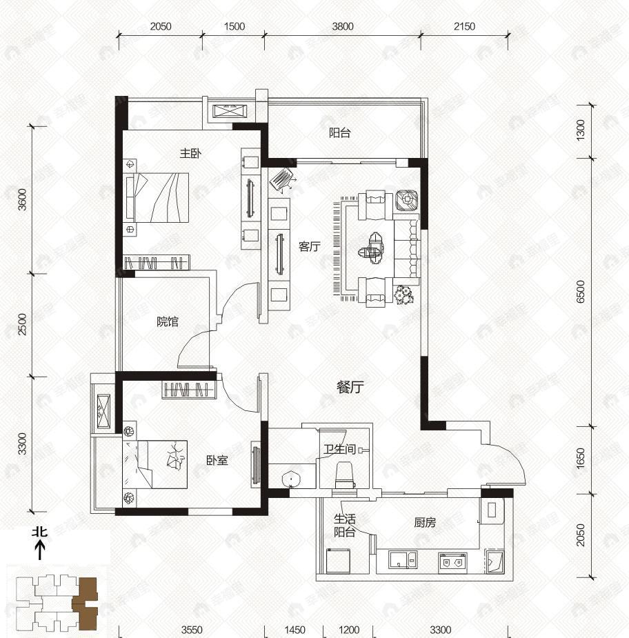 2室2厅1卫建面97平户型图