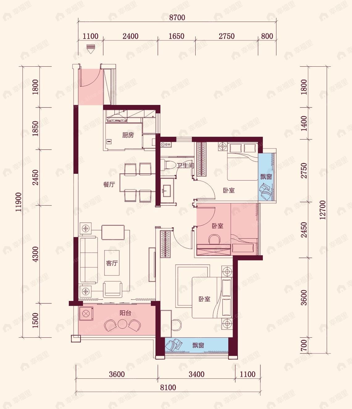 3室2厅2卫建面85平户型图