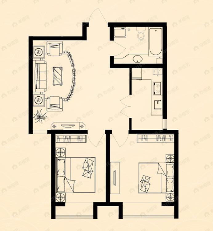 2室2厅1卫建面74平undefined户型图