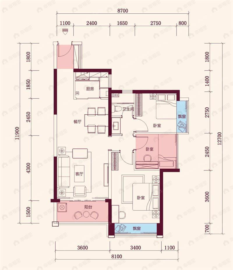 3室1厅1卫建面85平户型图